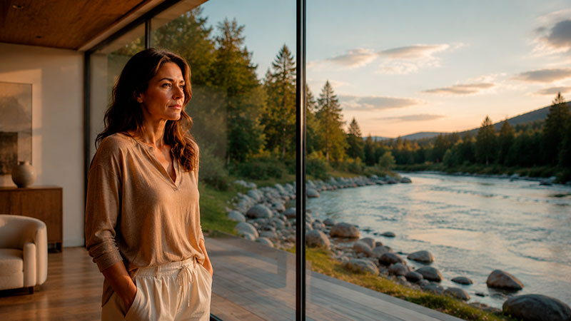 Mujer observando el paisaje desde un espacio tranquilo y consciente