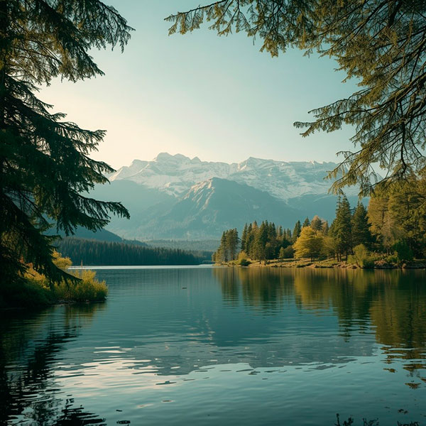 Lago tranquilo entre montañas como símbolo de calma interior y presencia